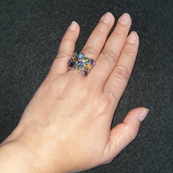 Vintage Mosaic Multi-Natural Gemstone Sterling Silver Statement Cocktail Ring - Picture 13 of 14